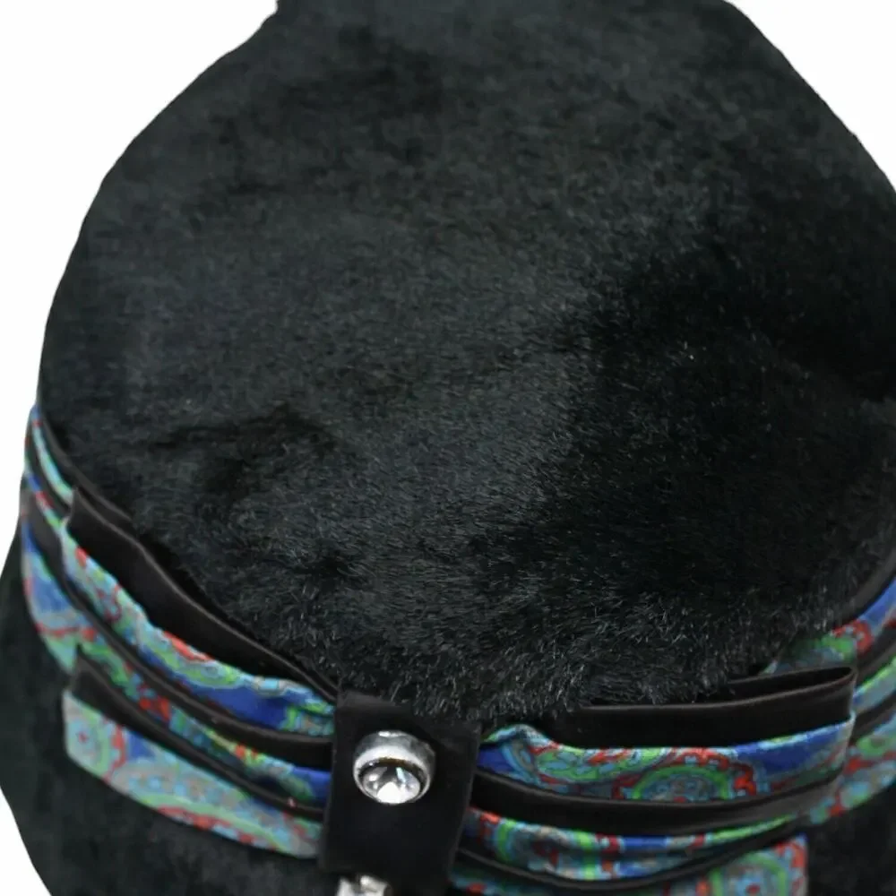 Vintage Black Plush Bucket Hat w Paisley Black Satin Trim and Bow - Hey Viv